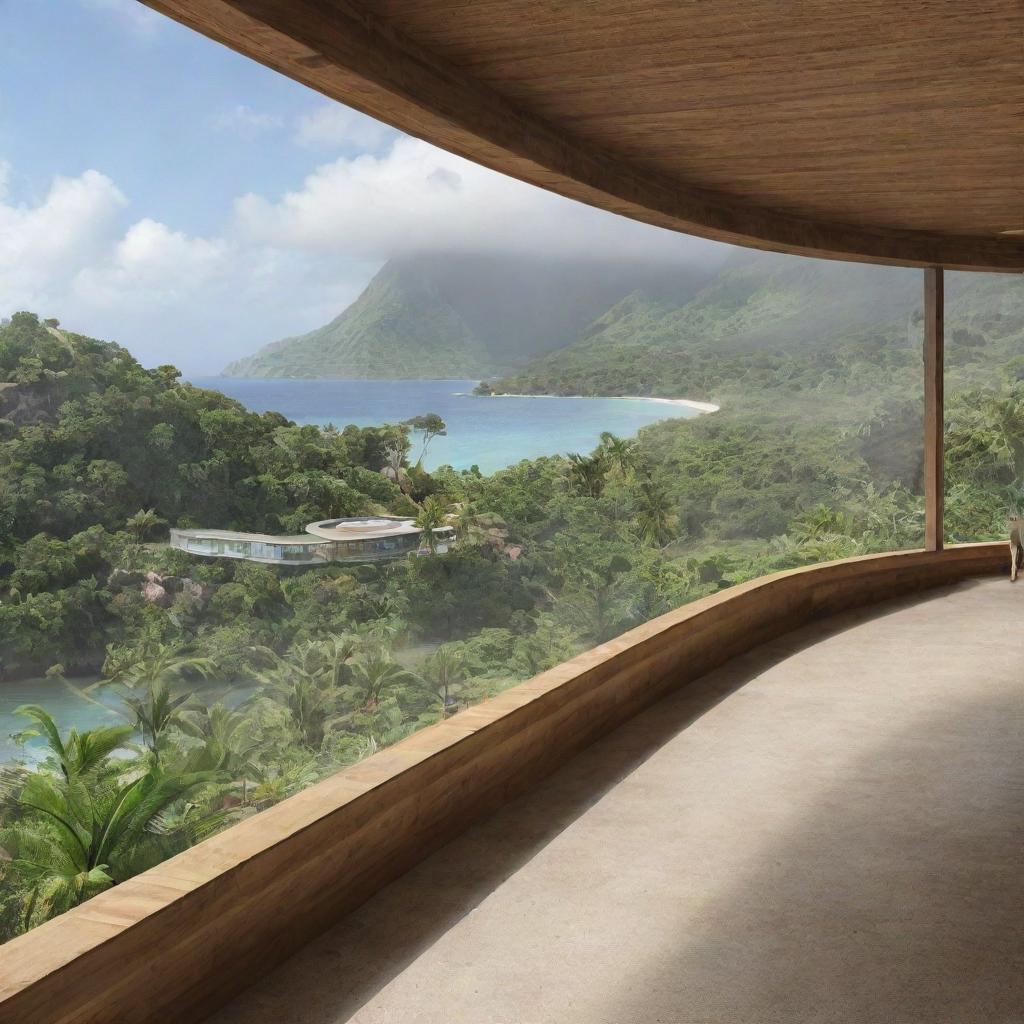 Visualise an architect designing a cutting-edge visitor center on Isla Nublar, complete with wide viewing windows, tropical plant life and a breath-taking vista of the island