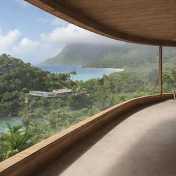 Visualise an architect designing a cutting-edge visitor center on Isla Nublar, complete with wide viewing windows, tropical plant life and a breath-taking vista of the island
