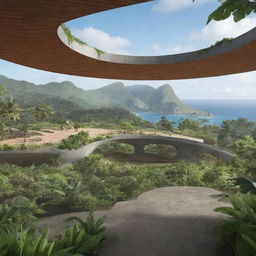 Visualise an architect designing a cutting-edge visitor center on Isla Nublar, complete with wide viewing windows, tropical plant life and a breath-taking vista of the island