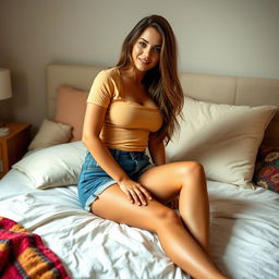 A stunning young woman with an attractive figure, featuring a voluptuous chest and curvy hips, sitting comfortably on a plush bed