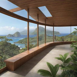 Visualise an architect designing a cutting-edge visitor center on Isla Nublar, complete with wide viewing windows, tropical plant life and a breath-taking vista of the island