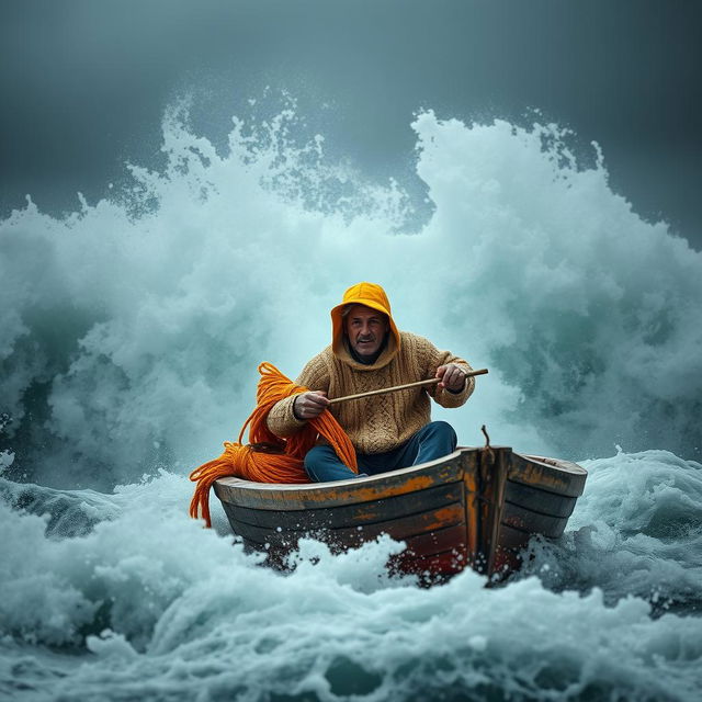 A fisherman in a small, aged wooden boat bravely facing a massive storm, surrounded by towering, tumultuous waves crashing around him