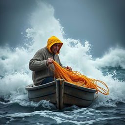 A fisherman in a small, aged wooden boat bravely facing a massive storm, surrounded by towering, tumultuous waves crashing around him