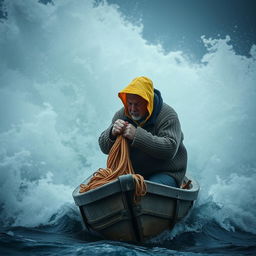 A fisherman in a small, aged wooden boat bravely facing a massive storm, surrounded by towering, tumultuous waves crashing around him
