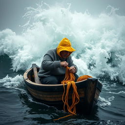 A fisherman in a small, aged wooden boat bravely facing a massive storm, surrounded by towering, tumultuous waves crashing around him