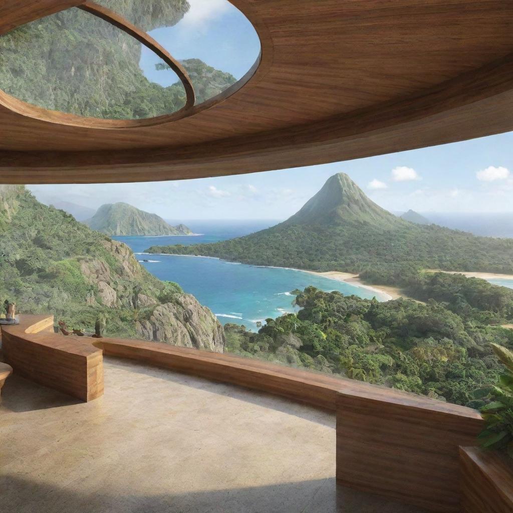 Visualise an architect designing a cutting-edge visitor center on Isla Nublar, complete with wide viewing windows, tropical plant life and a breath-taking vista of the island