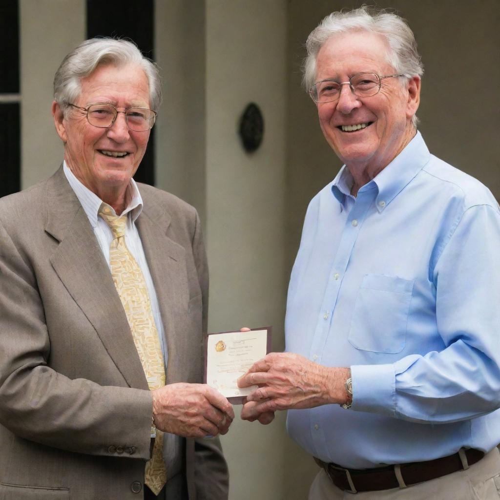 Portray a fulfilled John Hammond, cheerful and generous, proudly handing over a hefty sum to the architect in acknowledgment of their shared accomplishment