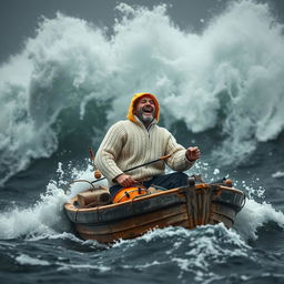A fisherman in a small, weathered wooden boat braving a massive storm, surrounded by towering, dramatic waves