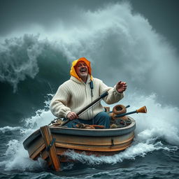 A fisherman in a small, weathered wooden boat braving a massive storm, surrounded by towering, dramatic waves