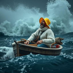A fisherman in a small, weathered wooden boat braving a massive storm, surrounded by towering, dramatic waves