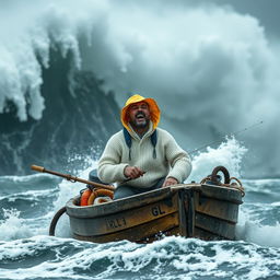 A fisherman in a small, weathered wooden boat braving a massive storm, surrounded by towering, dramatic waves