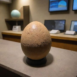 Depict an intriguing moment inside the visitor center lab on Isla Nublar, with a single dinosaur egg placed under careful observation by the scientists, generating suspense and anticipation