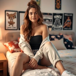 A young woman with a casual style, sitting on a bed, wearing comfortable clothes