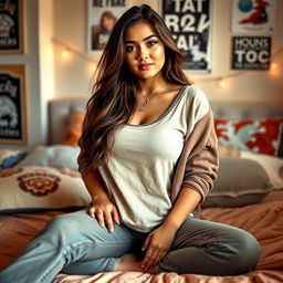 A young woman with a casual style, sitting on a bed, wearing comfortable clothes