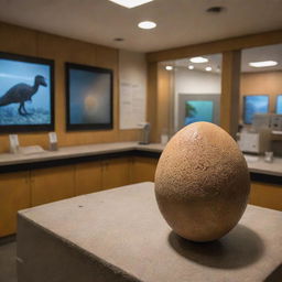 Depict an intriguing moment inside the visitor center lab on Isla Nublar, with a single dinosaur egg placed under careful observation by the scientists, generating suspense and anticipation