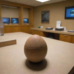 Depict an intriguing moment inside the visitor center lab on Isla Nublar, with a single dinosaur egg placed under careful observation by the scientists, generating suspense and anticipation