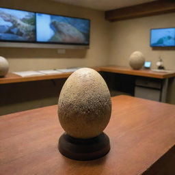 Depict an intriguing moment inside the visitor center lab on Isla Nublar, with a single dinosaur egg placed under careful observation by the scientists, generating suspense and anticipation