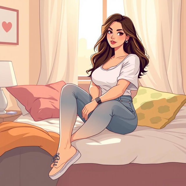 A stylized illustration of a young woman casually sitting on a bed