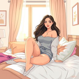 A stylized illustration of a young woman casually sitting on a bed