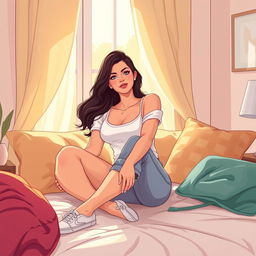 A stylized illustration of a young woman casually sitting on a bed