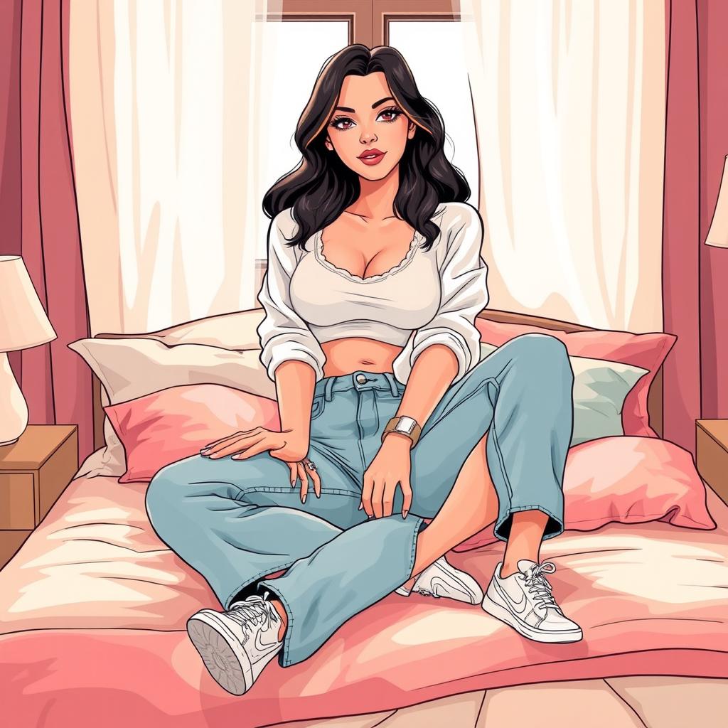 A stylized illustration of a young woman casually sitting on a bed