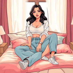 A stylized illustration of a young woman casually sitting on a bed