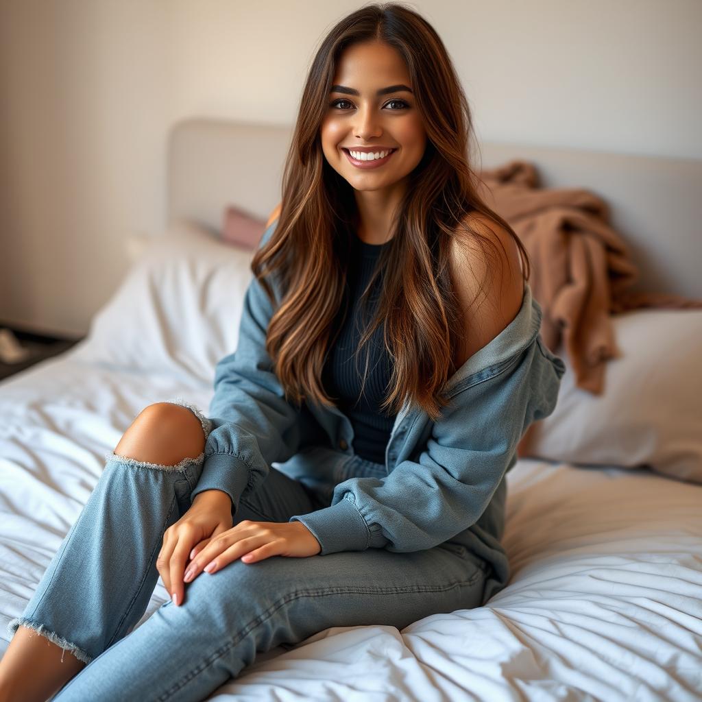 A young woman sitting on a bed, wearing casual clothes that are stylish yet relaxed