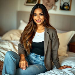 A young woman sitting on a bed, wearing casual clothes that are stylish yet relaxed