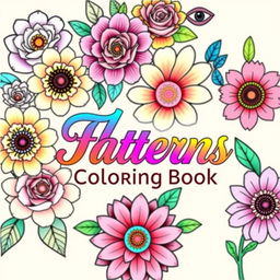 A vibrant and artistic cover for a flower patterns coloring book designed for adults