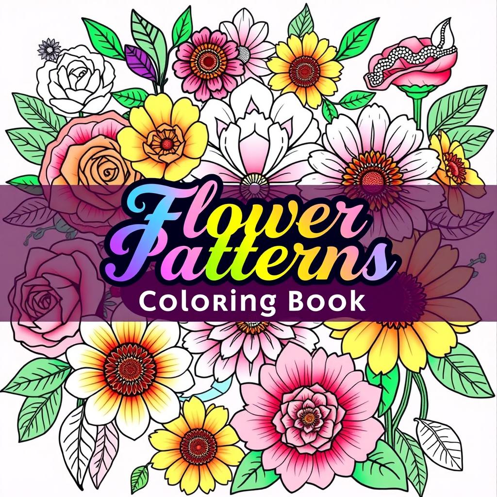 A vibrant and artistic cover for a flower patterns coloring book designed for adults