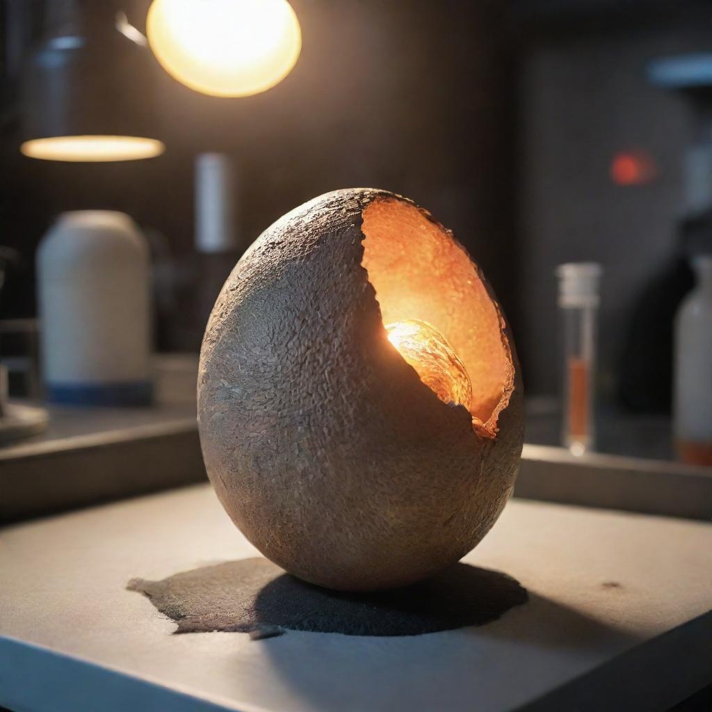 Illustrate a pivotal moment when the dinosaur egg in the lab finally hatches, revealing a small creature inside, signalling the dawn of a new era