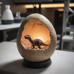 Illustrate a pivotal moment when the dinosaur egg in the lab finally hatches, revealing a small creature inside, signalling the dawn of a new era