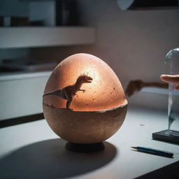 Illustrate a pivotal moment when the dinosaur egg in the lab finally hatches, revealing a small creature inside, signalling the dawn of a new era