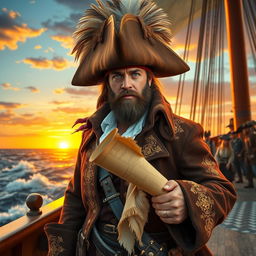 A rugged and charismatic pirate lord standing proudly on the deck of a grand ship, with the ocean waves crashing around