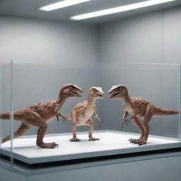 Render a nurturing scene in a lab with two baby Velociraptors being carefully placed into a small enclosure, a moment of triumph tempered with caution