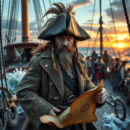 A rugged and charismatic pirate lord standing proudly on the deck of a grand ship, with the ocean waves crashing around