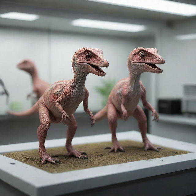 Render a nurturing scene in a lab with two baby Velociraptors being carefully placed into a small enclosure, a moment of triumph tempered with caution