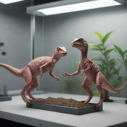 Render a nurturing scene in a lab with two baby Velociraptors being carefully placed into a small enclosure, a moment of triumph tempered with caution