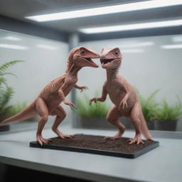 Render a nurturing scene in a lab with two baby Velociraptors being carefully placed into a small enclosure, a moment of triumph tempered with caution