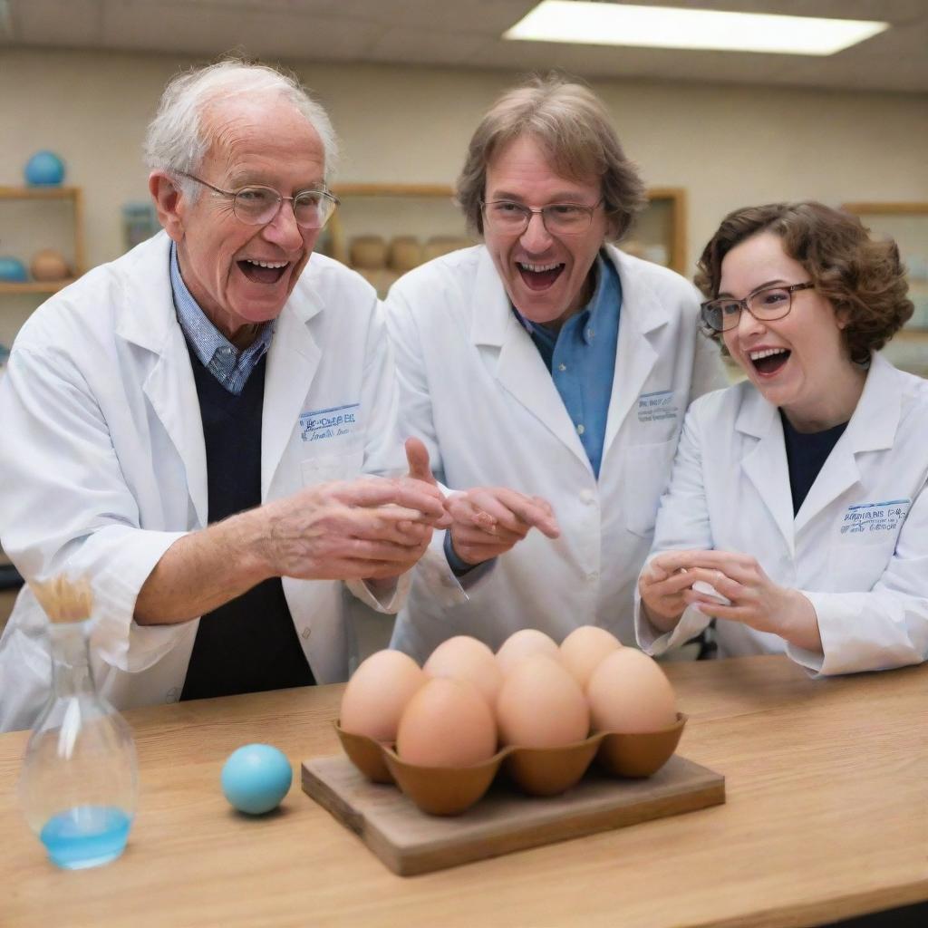 Portray a joyous scene in a science lab filled with jubilant scientists, celebrating their groundbreaking success in resurrecting prehistoric life from an egg