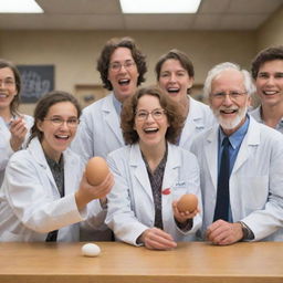 Portray a joyous scene in a science lab filled with jubilant scientists, celebrating their groundbreaking success in resurrecting prehistoric life from an egg