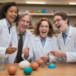 Portray a joyous scene in a science lab filled with jubilant scientists, celebrating their groundbreaking success in resurrecting prehistoric life from an egg