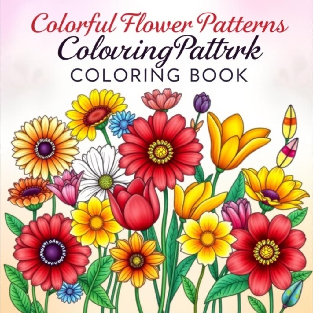 A striking cover for a colorful flower patterns coloring book aimed at adults