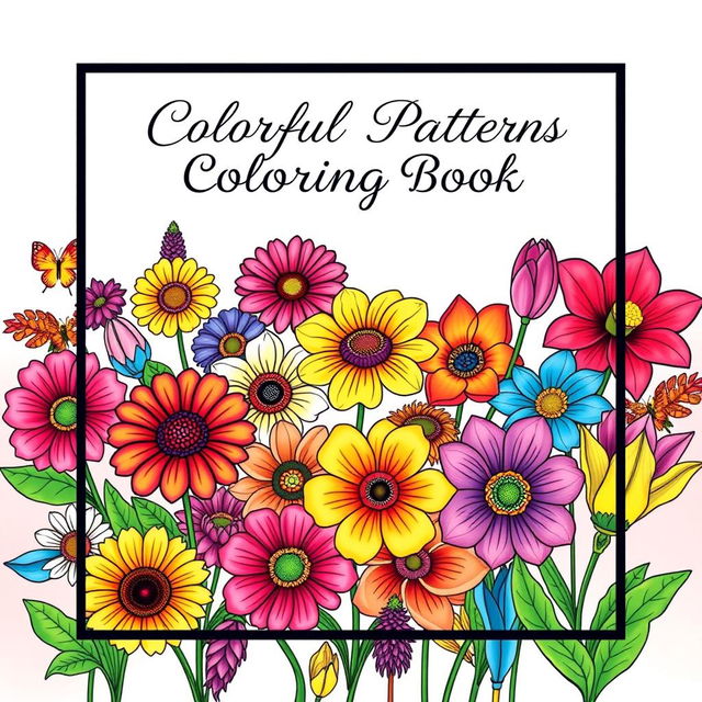 A striking cover for a colorful flower patterns coloring book aimed at adults