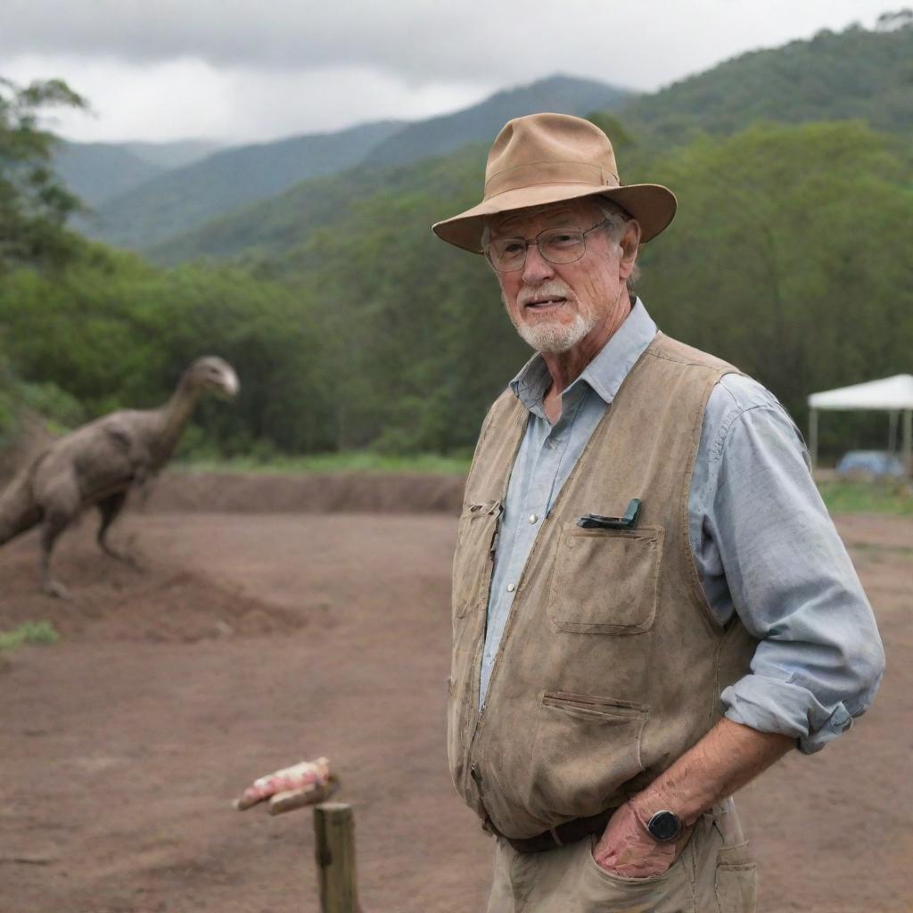 Portray John Hammond overseeing the construction of a Raptor Paddock, located behind the visitor center on Isla Nublar, designed for housing the newly revived Velociraptors