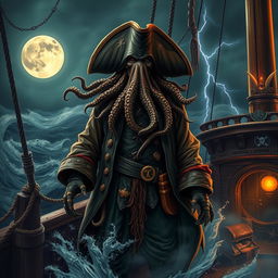 An epic portrayal of Davy Jones from the classic pirate tales, with his iconic octopus-like face and ghostly aura
