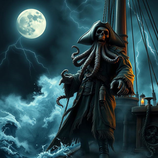 An epic portrayal of Davy Jones from the classic pirate tales, with his iconic octopus-like face and ghostly aura