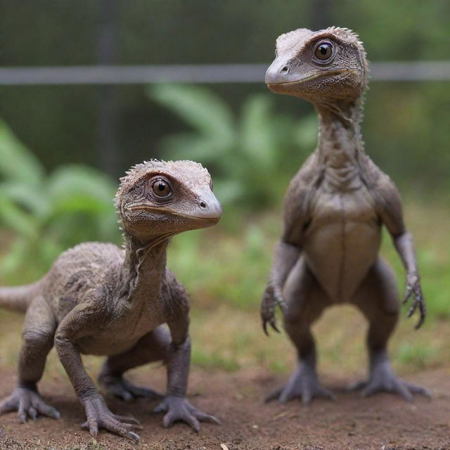 Depict two cautiously curious baby Velociraptors, newly introduced to their electrified fence enclosure, known as the Raptor Paddock