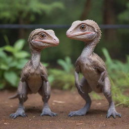 Depict two cautiously curious baby Velociraptors, newly introduced to their electrified fence enclosure, known as the Raptor Paddock