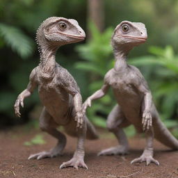 Depict two cautiously curious baby Velociraptors, newly introduced to their electrified fence enclosure, known as the Raptor Paddock